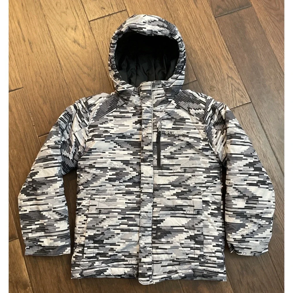 Columbia Jacket Youth Small Black Gray Digital Hooded Insulated Full Zip Winter